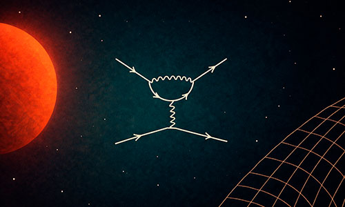 Ilustración con diagrama de Feynman y planetas